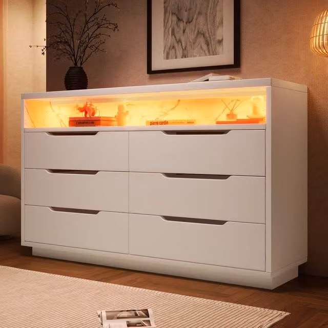 BTM White Marbled 6 Drawer Sideboard with Integrated RGB LED Lighting and Storage Shelves, W: 120 cm, D: 40 cm, H: 85 cm