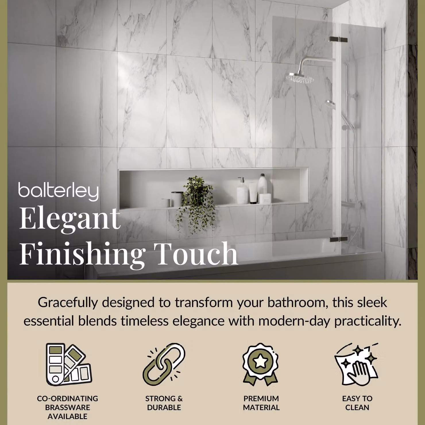 Balterley Silver Centre Hinged Shower Bath Screen with 5mm Toughened Safety Glass – 2