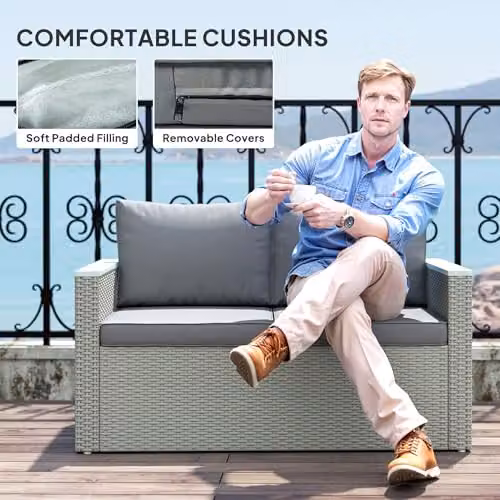 Outsunny 4 Piece Rattan Garden Furniture Set in Light Grey with Upholstered Cushions and Powder Coated Steel Frame – 4