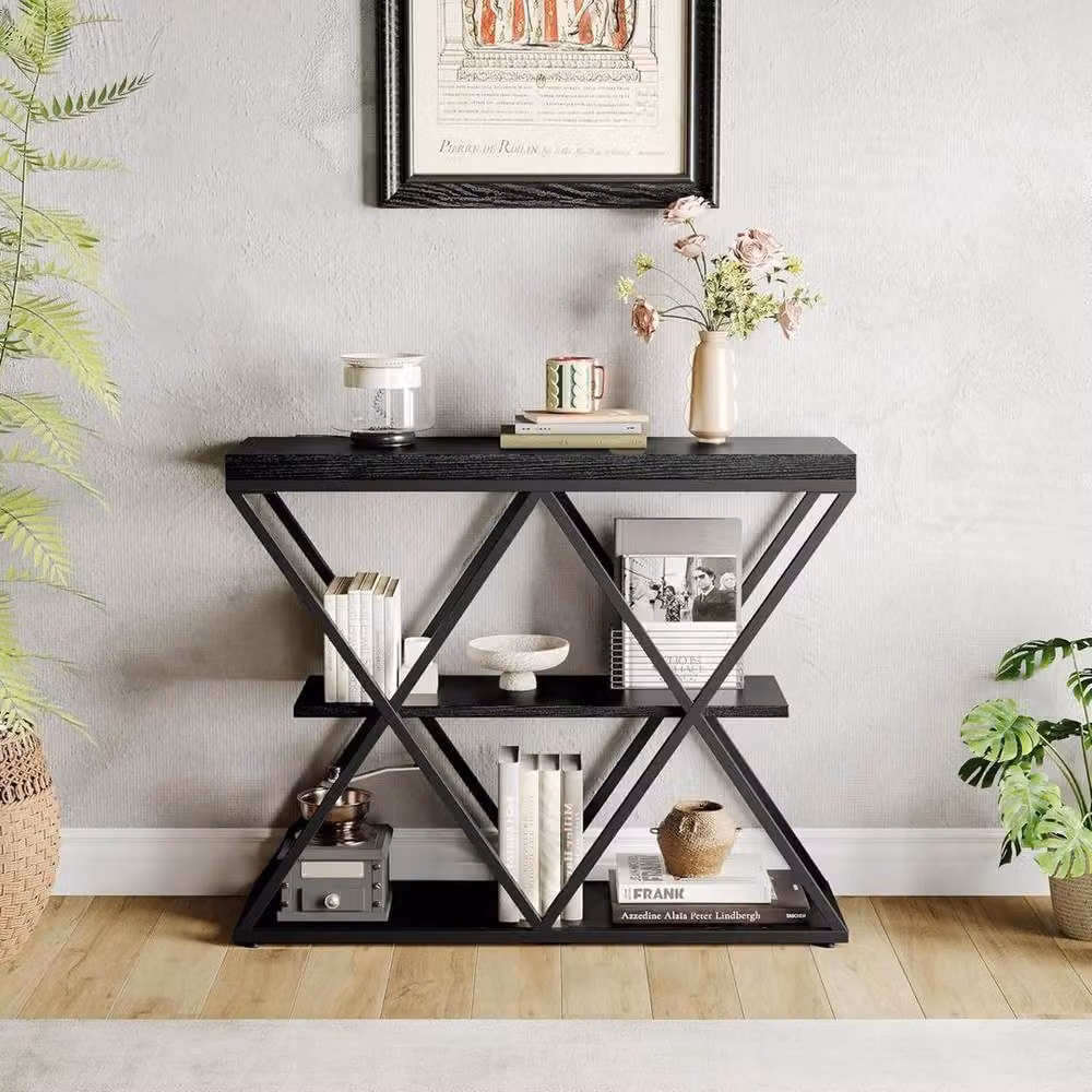KORVIXA Black Industrial 3-Tier Metal Slim Side Table W/D/H: 100 x 100 x 66.5 cm – 4