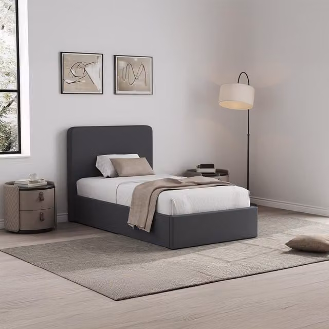 FWStyle Upholstered Single Ottoman Bed Frame with Gas Lift and Metal Slats in Grey or Beige, W/D/H: 90 x 190 cm