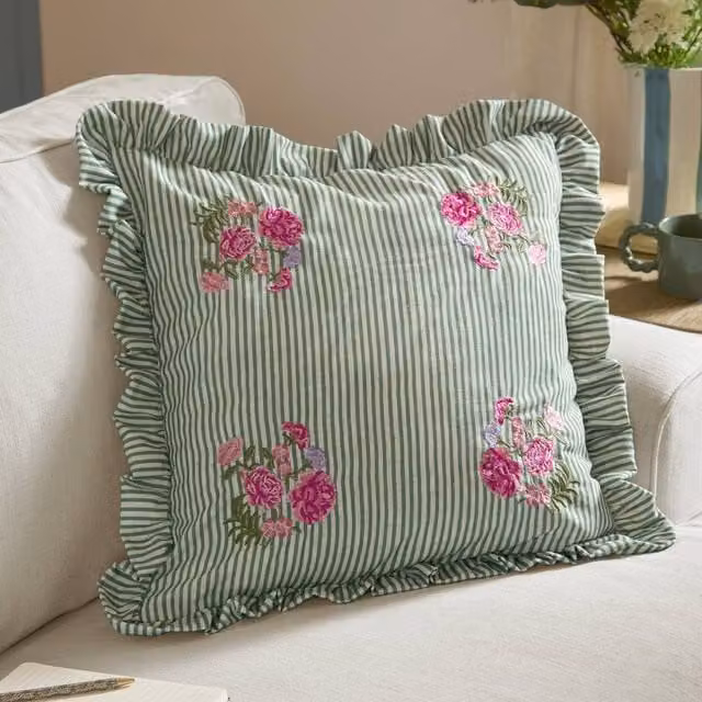 Wylder Martha Floral Embroidered Ruffle Cushion in Green, W/D/H: 50 x 50 x 50 cm