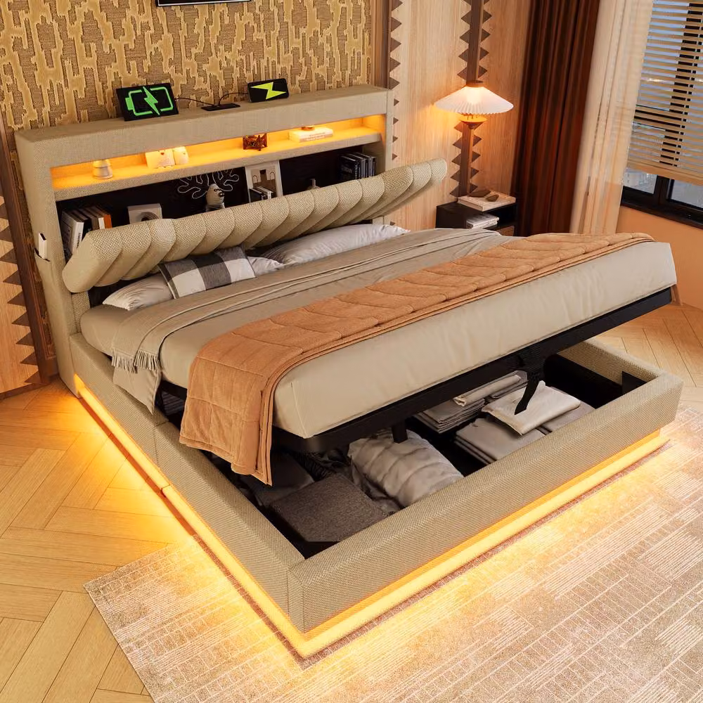 STILVORA 5ft King Bed Frame in Beige Linen with USB Charging Port, Bedside Shelf, Under-Bed Lighting and Lift-Up Base – 2