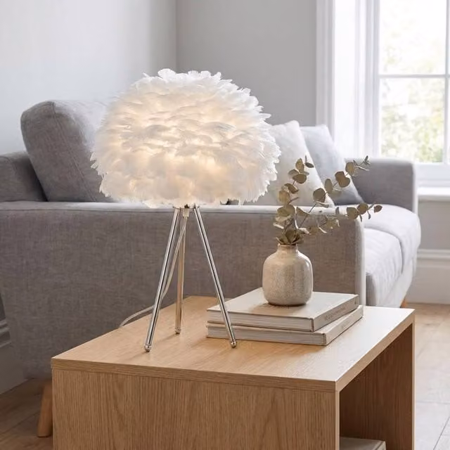 Garden Greatness Chrome Tripod Feather Shade Lamp in Silver and White