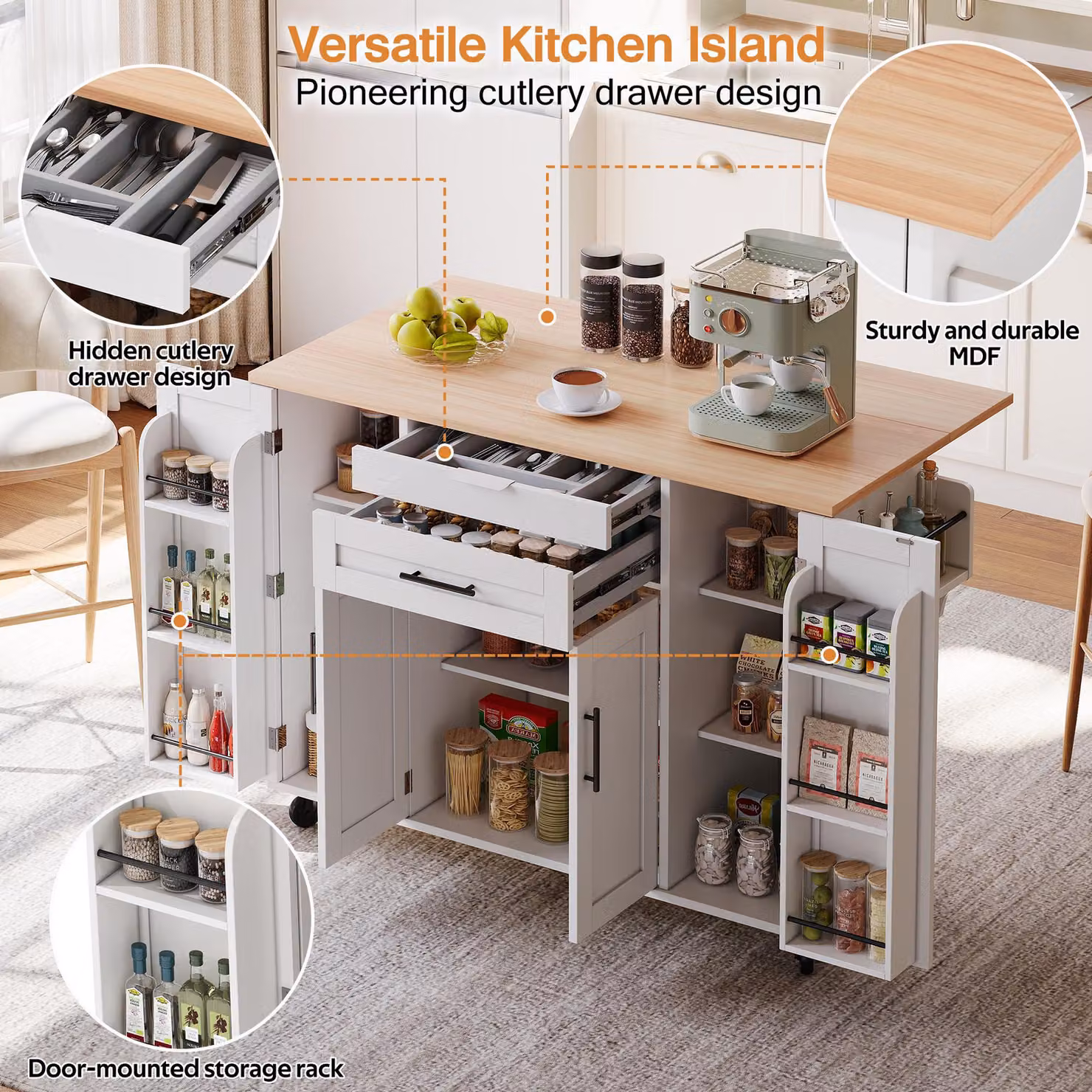 Aosom UK Modern Kitchen Trolley with Fold-Out Worktop and Double-Door Cabinets, White and Natural, W: 70 cm, D: 70 cm, H: 92 cm – 3