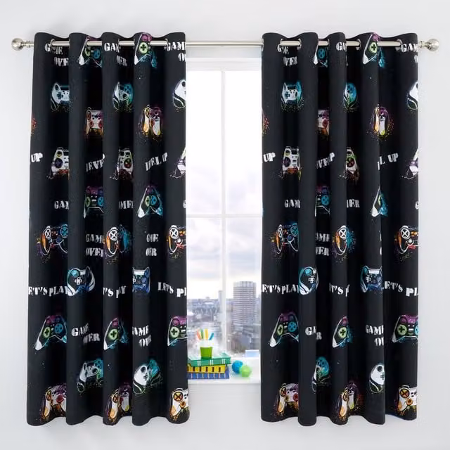 Catherine Lansfield Game Over Black Eyelet Curtains, W: 168 cm, H: 183 cm