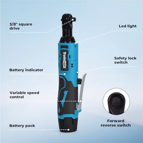 Traderight 12V Cordless Electric Ratchet Wrench with 3/8 inch Drive, 42Nm Max Torque, Variable Speed, LED Work Light and 2 x 1500mAh Batteries in Blue – 6