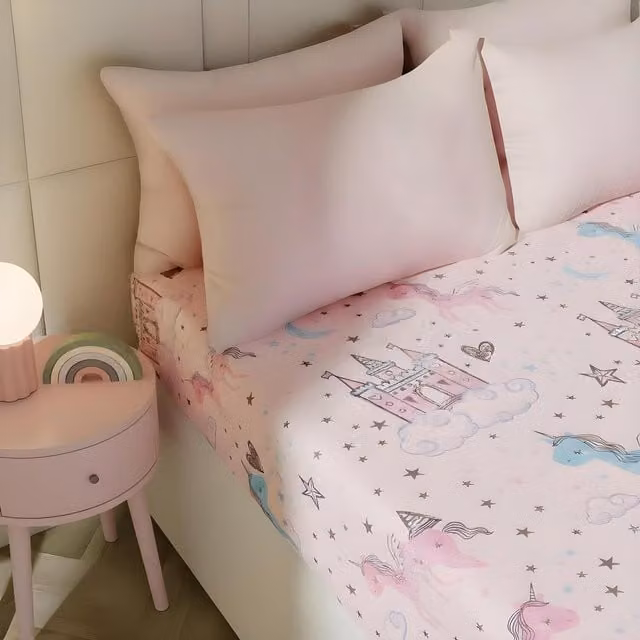 OHS Unicorn Kingdom Print Fitted Sheet, Pink, Single, 90 x 200 cm