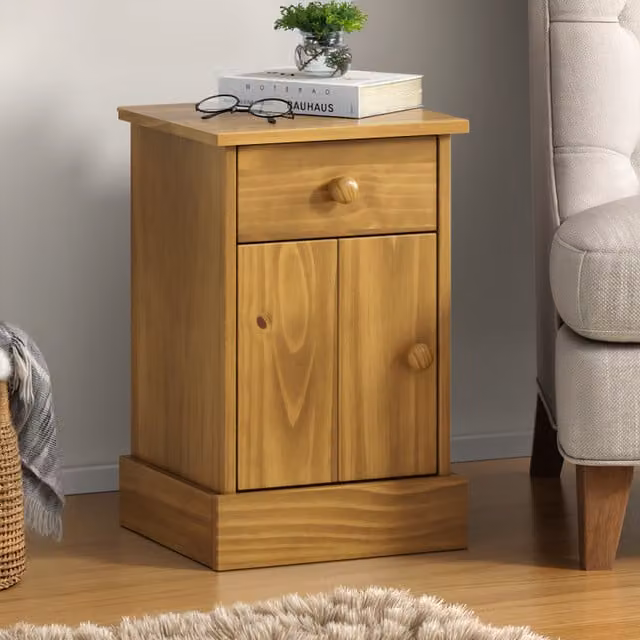 Mercers Furniture Antique Brown Rustic Pine Farmhouse Bedside Cabinet with 1 Door and 1 Drawer