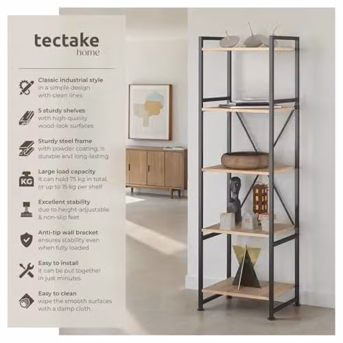 tectake Industrial Bookcase with 5 Shelves and Steel Frame, Light Wood and Black, H 151.5 x W 47.5 x D 34.5 cm – 2