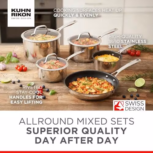 Kuhn Rikon 5-Piece Stainless Steel Cookware Set with Non-Stick Pans and Glass Lids, Silver – 2