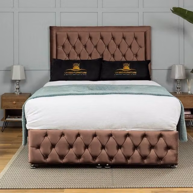 UK Bed Furniture Kingston End Lift Divan Ottoman Bed with 54 Inch Tall Headboard in Brown, Size: Small Double, W/D: 120 x 200 cm – 1