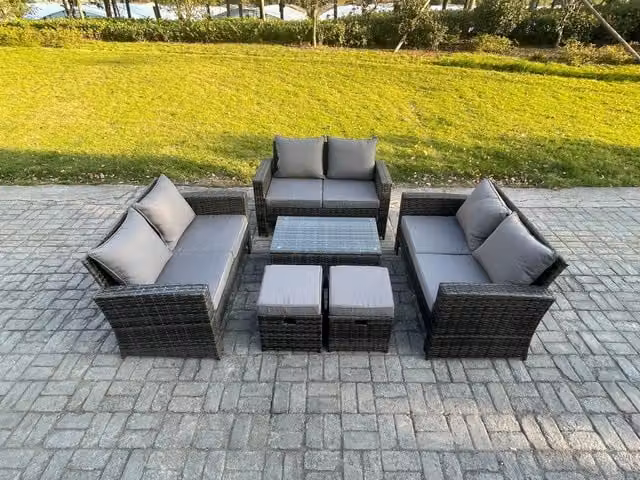 Fimous 6-Piece Rattan Garden Furniture Set with Double Sofa and 2 Footstools in Dark Grey