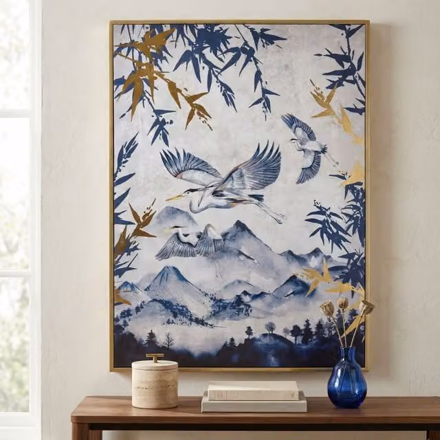 Madison & Mayfair Blue and White Bird Design Print in a Gold Frame, W: 50 cm, H: 70 cm – 2