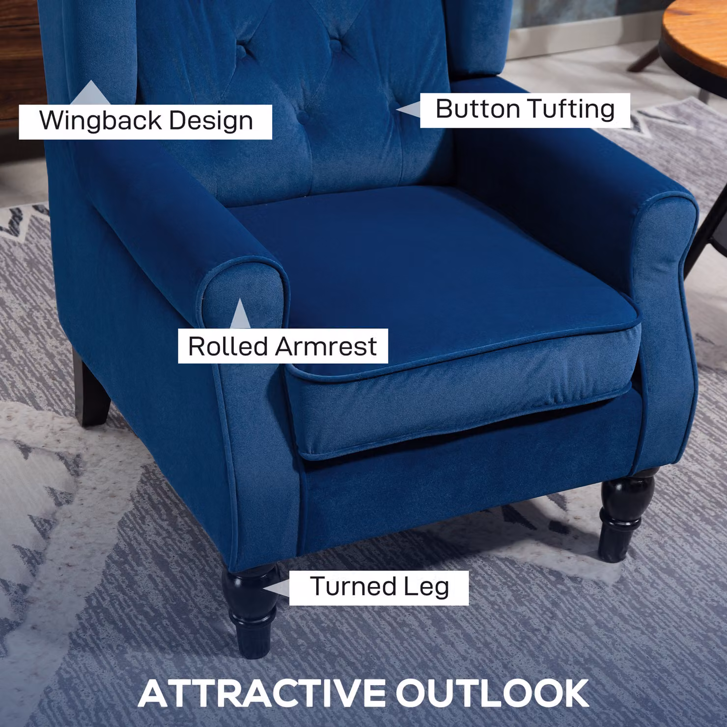 HOMCOM Retro Blue Velvet Wingback Accent Chair with Button Tufting and Solid Wood Frame – 4