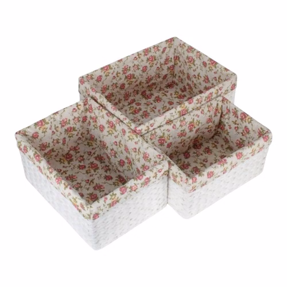 Set of 3 Red Hamper Paper Rope Storage Baskets with Garden Rose Cotton Lining – 2