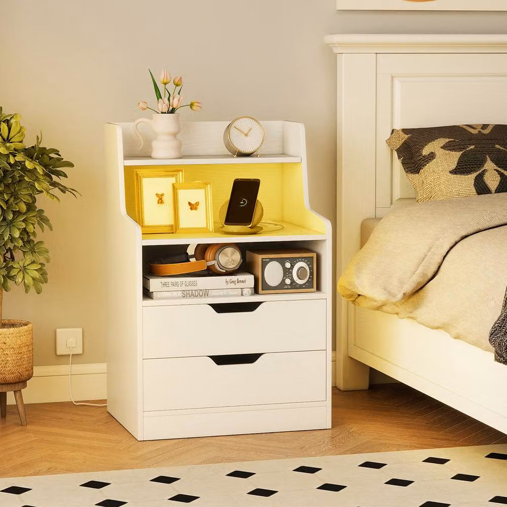 Gymax Modern White LED Nightstand with 2 Drawers, Charging Station and Open Shelf – 2