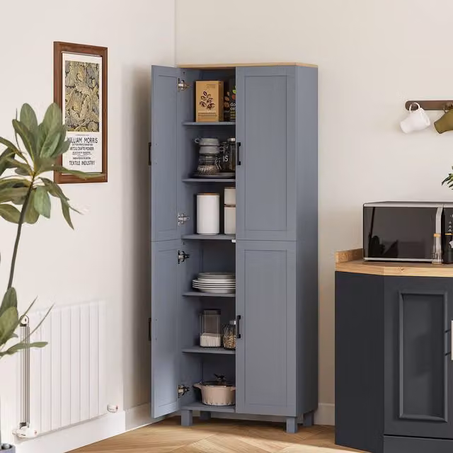 HOMCOM Modern Grey Kitchen Cupboard Storage Cabinet with 4 Shelves and Hinged Doors