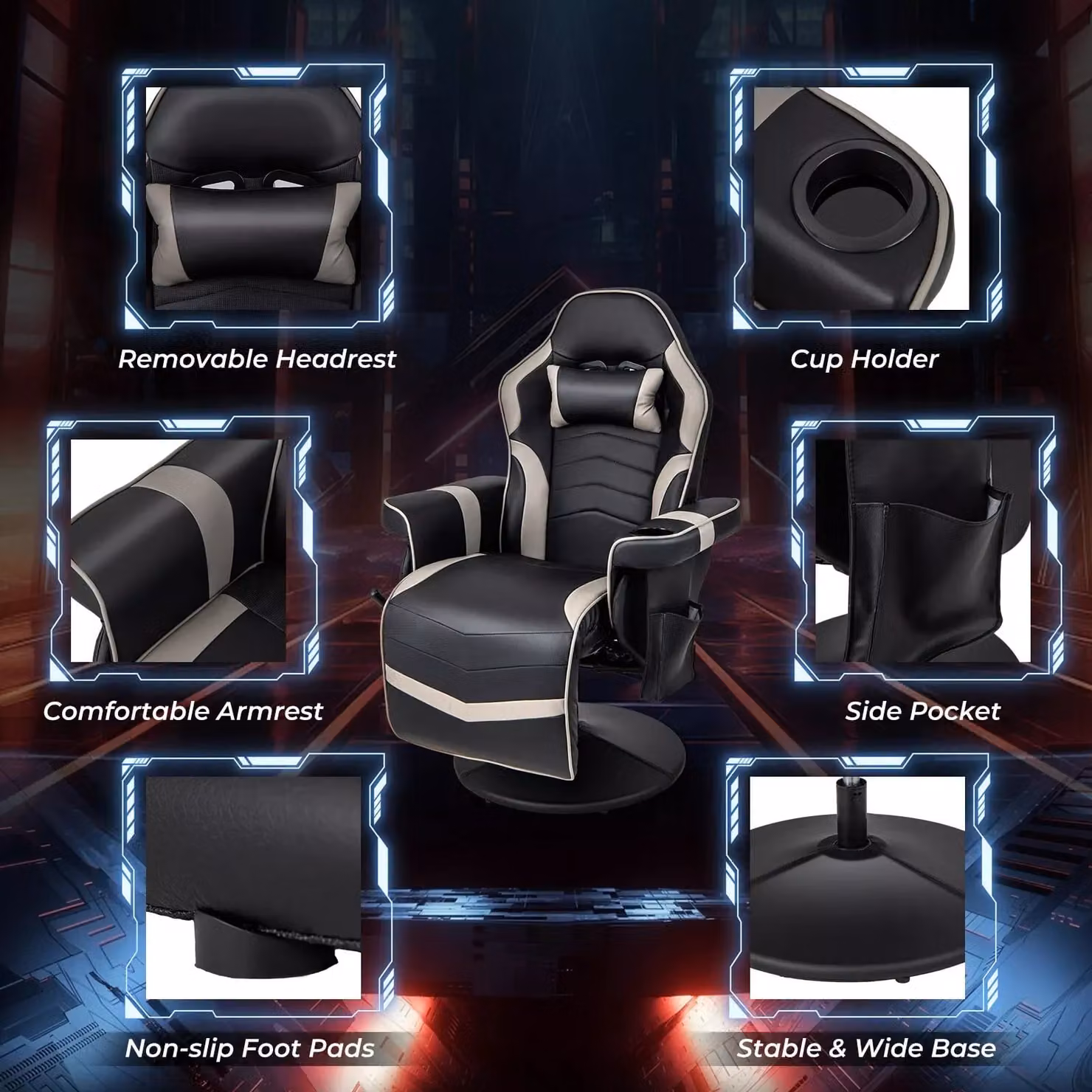 Costway Grey PU Leather Massage Gaming Chair with Adjustable Height, Swivel Function and Armrests – 4