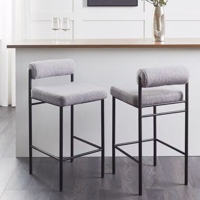 Wyld and Coco Set of 2 Grey Boucle Bar Chairs with Black Metal Legs and Roll Backrest