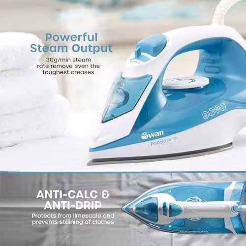 Swan SI12052AQ 2200W Steam Iron with Ceramic Non-Stick Soleplate and Anti-Calc Function, White and Aqua – 3
