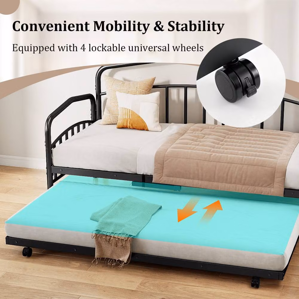 Costway Single Metal Daybed with Rolling Pull Out Trundle in Black, W/D/H: 90 x 200 cm – 8