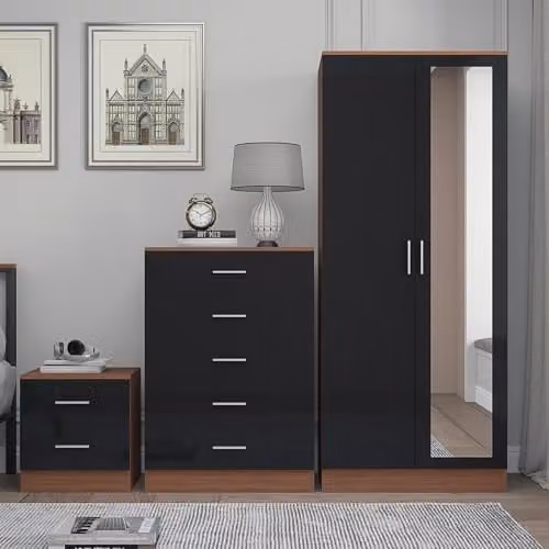 Reflect Modern Bedroom Furniture Set in Black Gloss and Walnut Finish, including 2 Door Mirror Wardrobe, 5 Drawer Tallboy Chest and 2 Drawer Bedside Table – 2