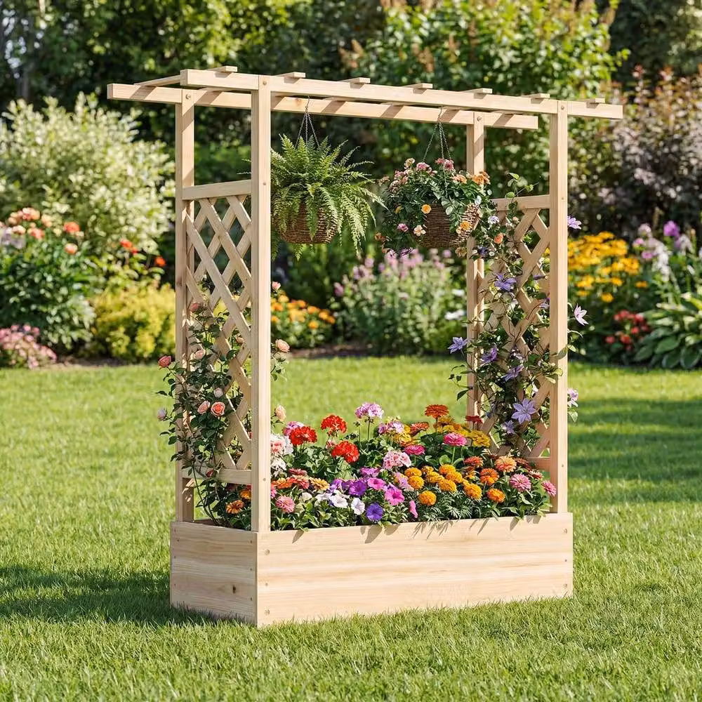 PAWNORA Brown Wooden Raised Garden Bed with Side Trellis, Height: 114 cm – 3