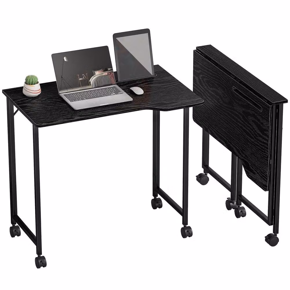 HOMCOM Small Folding Writing Desk with Castors, Black, W: 80 cm, D: 52 cm, H: 75 cm – 2