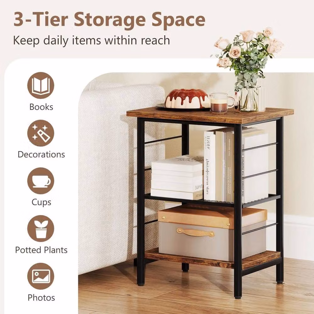 KORVIXA Set of 2 Industrial 3-Tier Side Tables, Brown Metal – 4