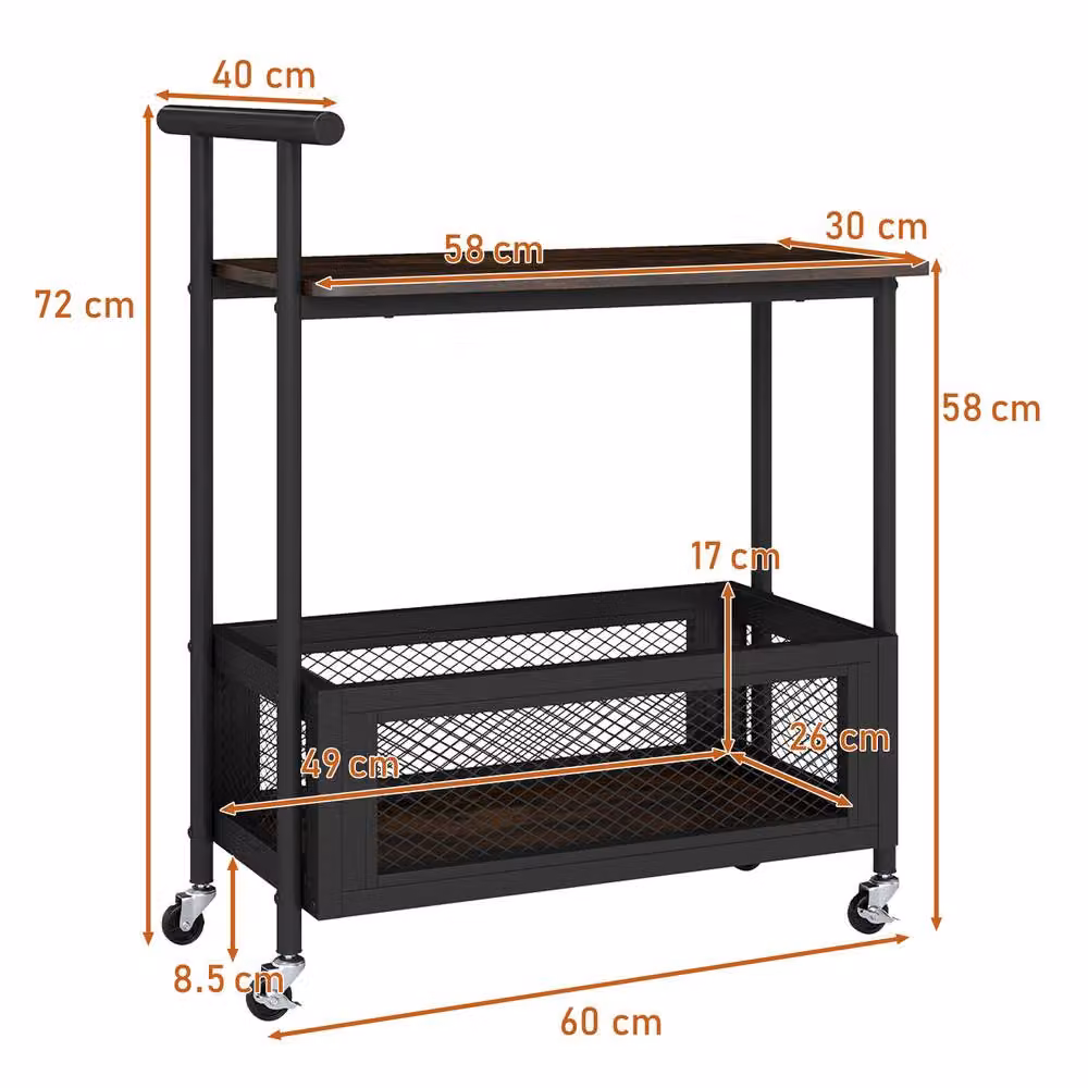 Gymax 2-Tier Industrial Rolling End Table with Handle and Mesh Basket in Brown – 2