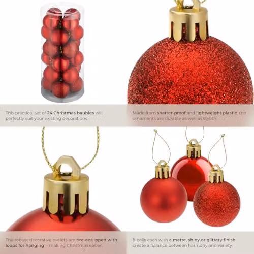 tectake 24-Pack Red Christmas Baubles with Glossy, Matt and Glittery Finishes and Golden Loops – 5