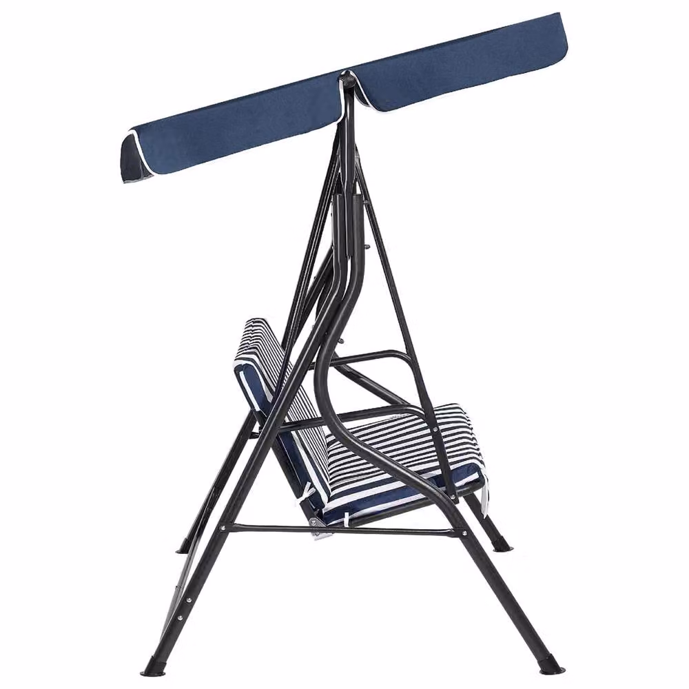 Wyld and Coco 3-Seater Patio Swing Chair with UV-Resistant Sun Canopy, Blue Striped, Powder Coated Steel Frame, W/D/H: 174 x 147 x 118 cm – 3
