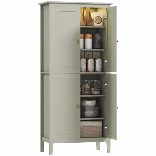 HOMCOM Tall Kitchen Cupboard Pantry with Motion Sensor LED Light, Green, H 176.5 x W 80 x D 40 cm – 1