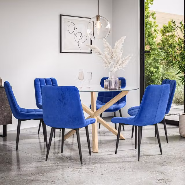 More4Homes Malvern Round Glass Dining Table with 6 Blue Nova Velvet Chairs and Oak Legs, Diameter: 120 cm, Height: 75 cm