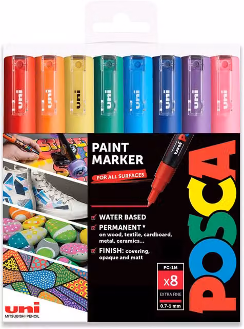 POSCA PC-1M Paint Marker Art Pens, 0.7mm, Multicolour Set of 8