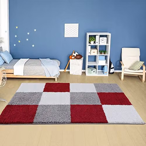 THE RUGS Modern Checked High Pile Shaggy Area Rug in Red and Grey, W/D/H: 140 x 200 x 3 cm – 2