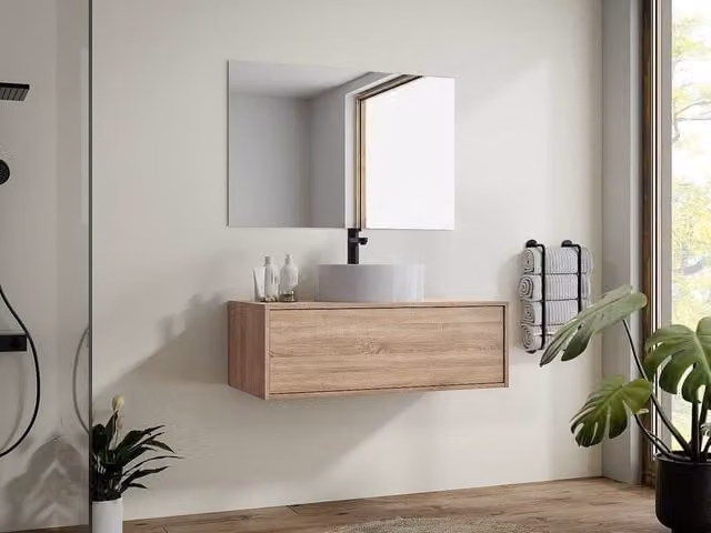 Vente-unique Suspended Bathroom Vanity Unit in Light Oak Finish, W/D/H: 94 x 47 x 32 cm – 1