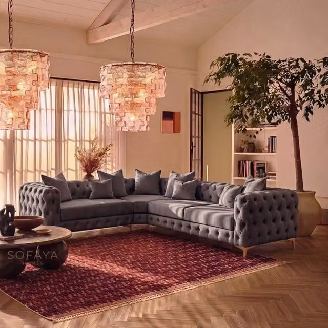 Sofaya Monaco 4 Seater Chesterfield Velvet Corner Sofa with Left Hand Chaise in Grey – 1