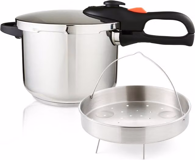 Geepas 6L Stainless Steel Pressure Cooker with Steamer Basket, Induction Compatible, Silver
