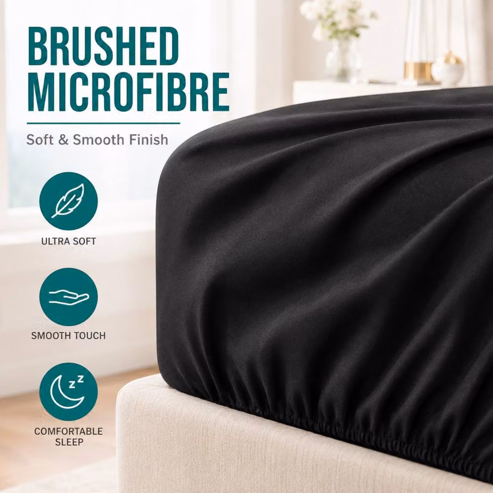 Pamposh Grace Super King Fitted Sheet in Black, Extra Deep 40 cm Pocket, Premium Microfibre – 9