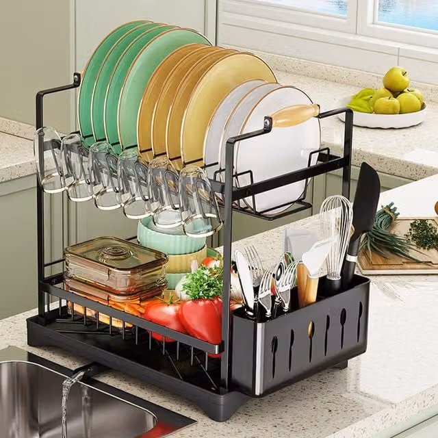 Livingandhome 2-Tier Black Coated Steel Dish Drying Rack with Cutlery Holder
