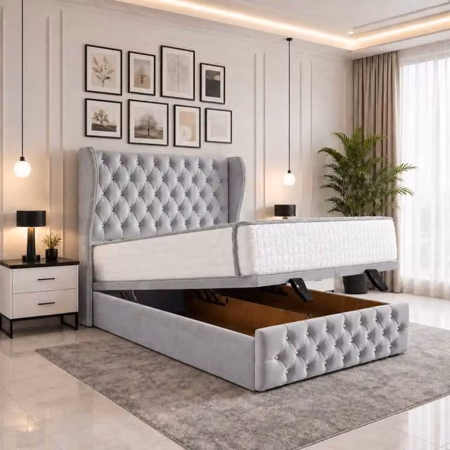 Luvessa Silver Velvet Upholstered Ottoman Storage Bed with Wingback Headboard