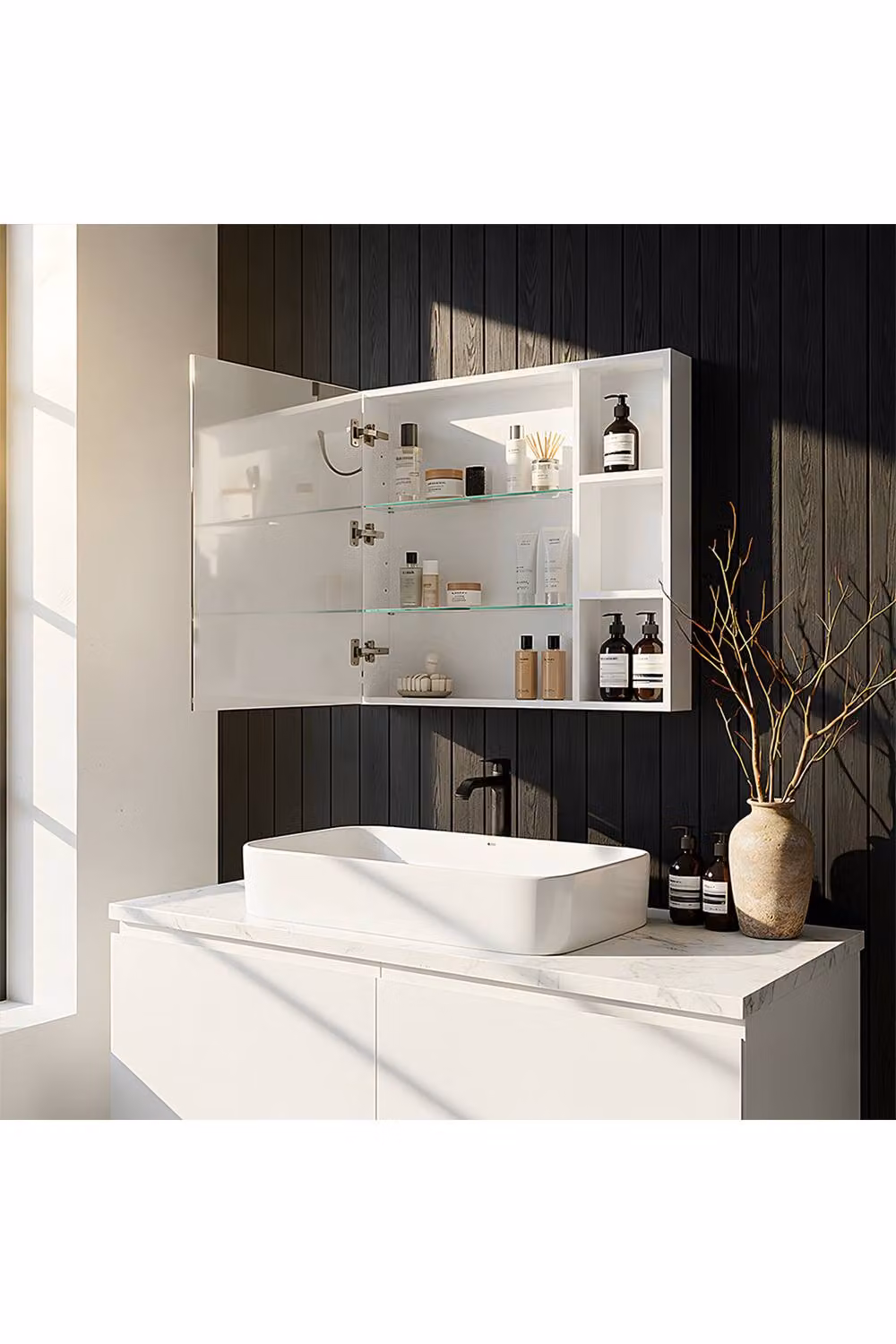 Living and Home Wall-Mounted Modern Glossy White LED Bathroom Mirror Cabinet with Sensor Switch and Internal Shelves – 2