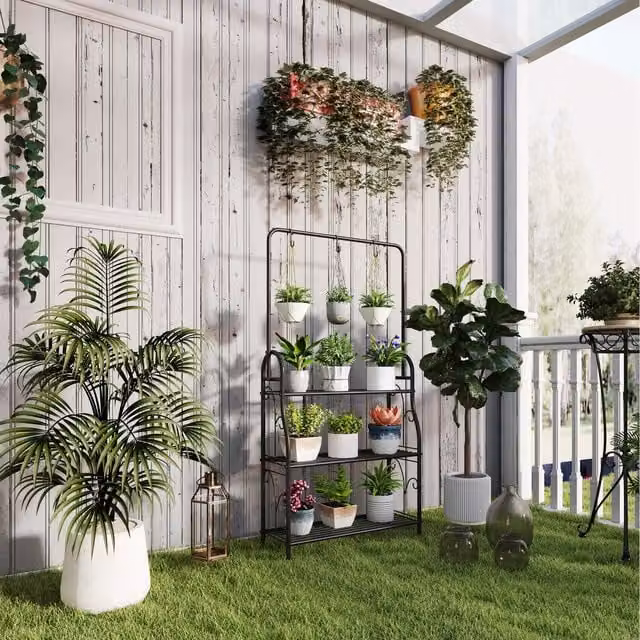 Outsunny 3 Tier Metal Plant Stand with Hanging Hooks in Black