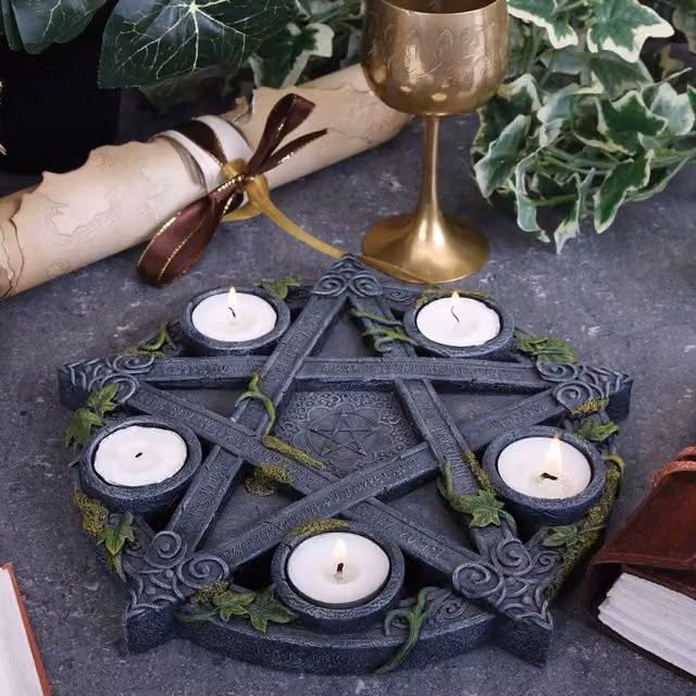 Nemesis Now Wiccan Pentagram Tealight Holder in Black and Grey, Height: 25.5 cm