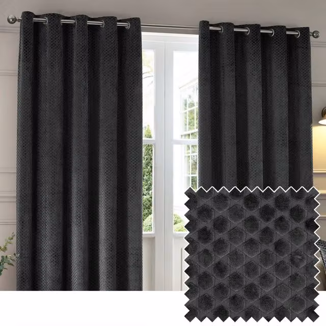 Paoletti Neptune Luxury Velvet Blackout Eyelet Curtains, Charcoal Grey, W: 168 cm, H: 183 cm