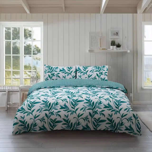 Home Sweet Home UK Reversible Leaf and Stripe Polycotton Duvet Cover and Pillowcase Set in Petrol Green, W/D/H: 135 x 200 cm – 1
