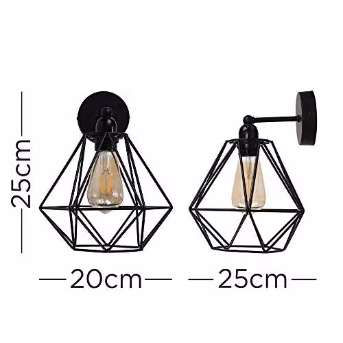 MiniSun Industrial Steampunk Satin Black Pipework Single Wall Light with Black Metal Basket Cage Shade and Warm White LED Bulb – 4