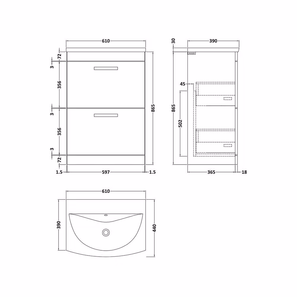 Balterley Millwich Contemporary 2 Drawer Vanity Basin Unit, Gloss Grey, W: 60 cm, H: 86.5 cm – 2